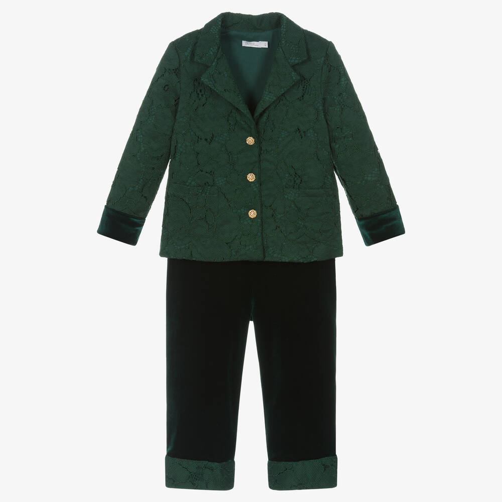 Patachou-Girls Green Lace & Velour Suit | Childrensalon Outlet