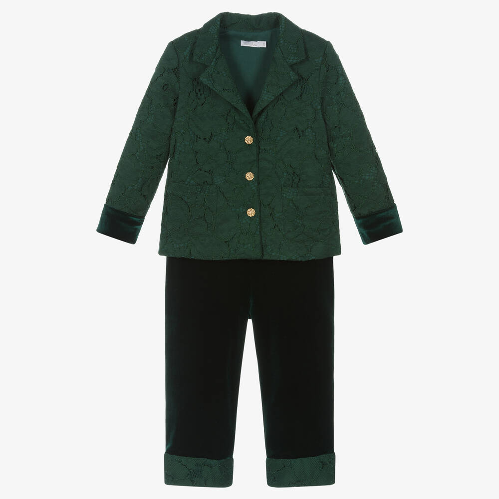 Patachou - Girls Green Lace & Velour Suit | Childrensalon