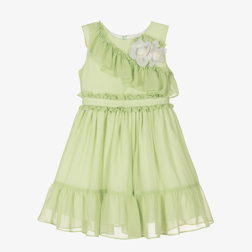 Patachou - Girls Green Ruffle Crêpe Chiffon Dress | Childrensalon
