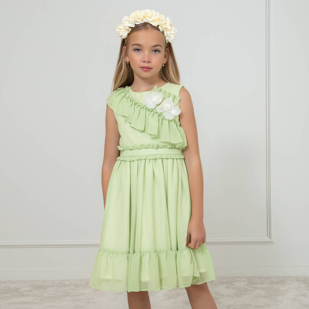 Patachou-فستان كريب شيفون لون أخضر | Childrensalon Outlet