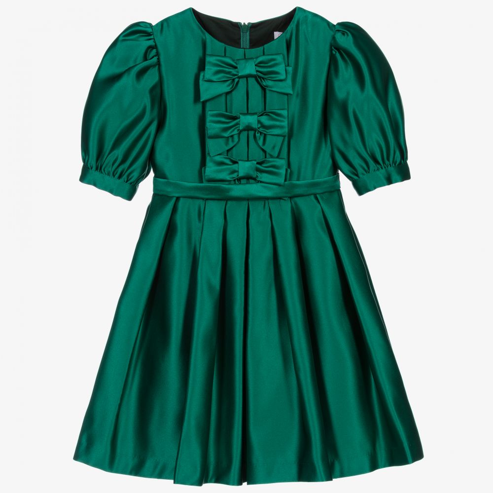 Patachou - Girls Green Satin Bow Dress | Childrensalon