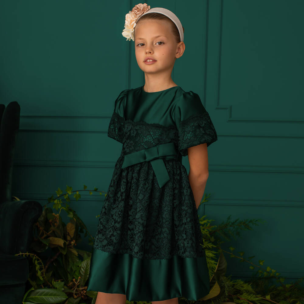 Patachou-فستان ساتان مزين بدانتيل لون أخضر | Childrensalon Outlet