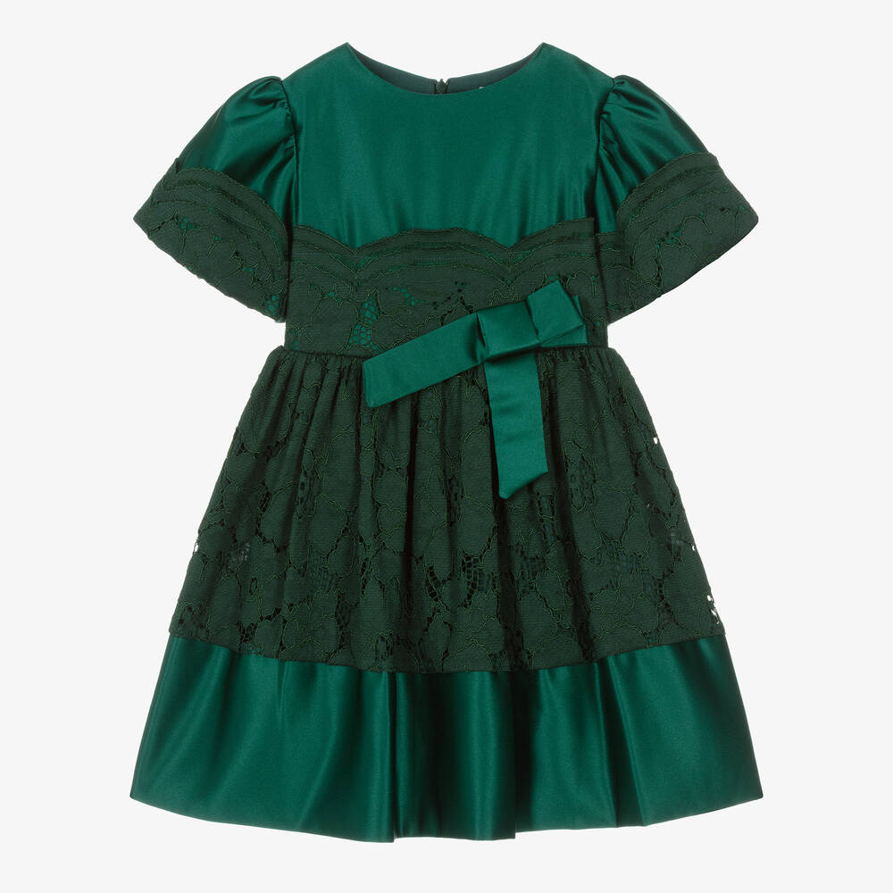 Patachou - Robe verte en satin et dentelle | Childrensalon