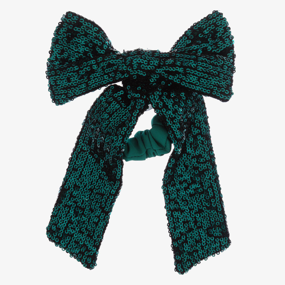 Patachou-Girls Green Sequinned Bow Scrunchy (15cm) | Childrensalon Outlet