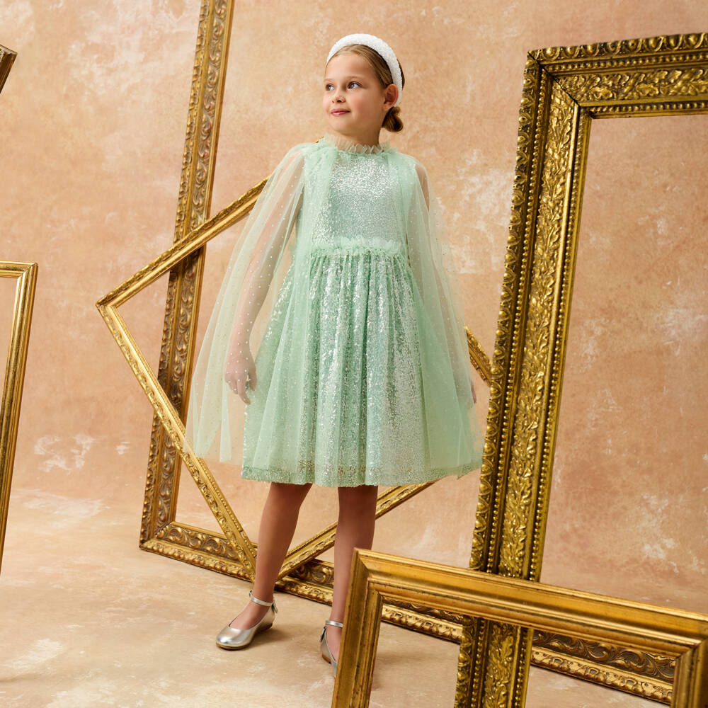 Patachou-فستان كاب أخضر براق للبنات | Childrensalon Outlet