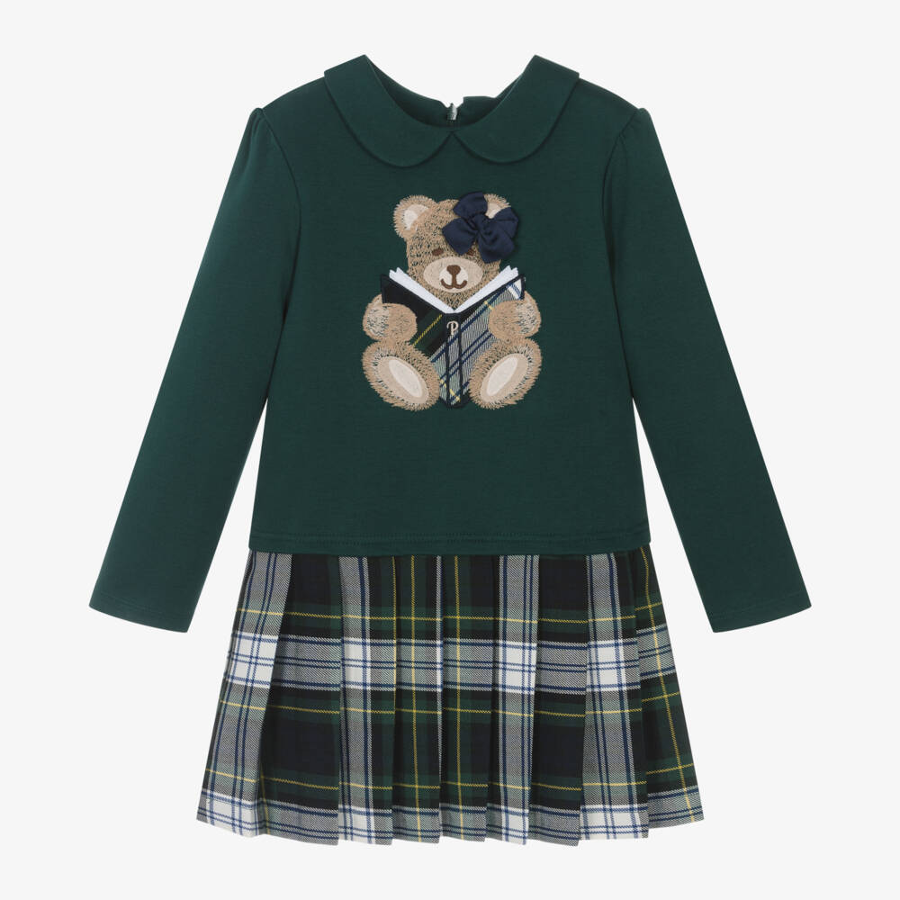 Patachou-Girls Green Tartan Teddy Dress | Childrensalon Outlet