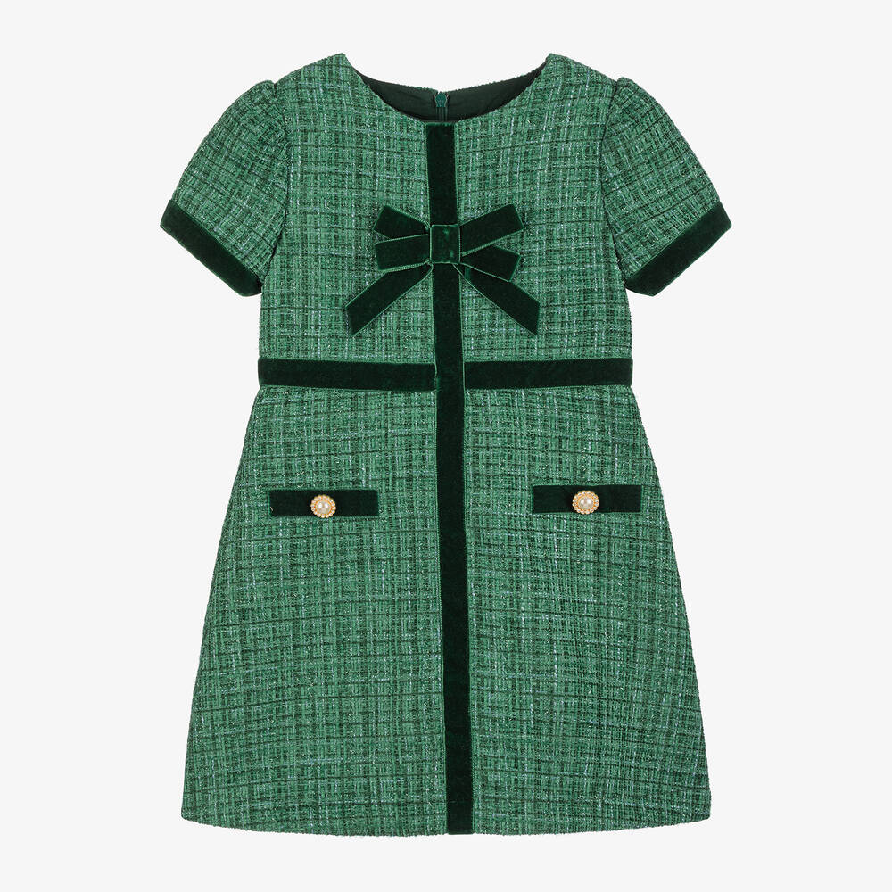 Patachou-Girls Green Tweed & Velvet Bow Dress | Childrensalon Outlet