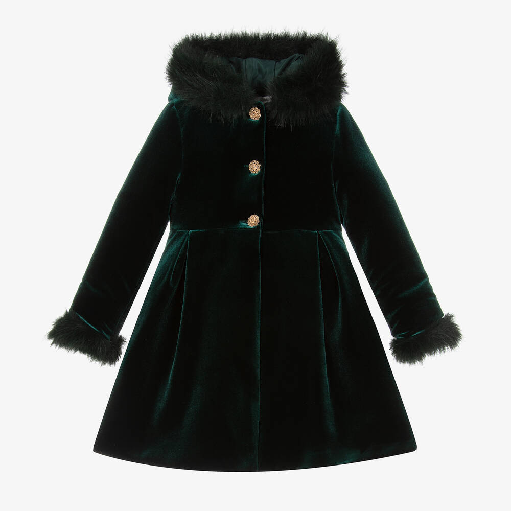 Patachou - Girls Green Velvet & Fur Trim Coat | Childrensalon