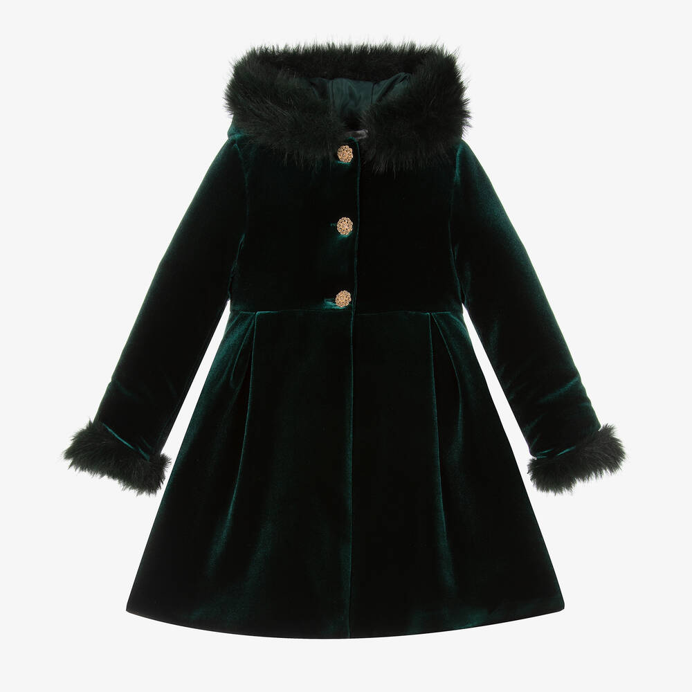 Patachou - Manteau vert en velours et fourrure | Childrensalon