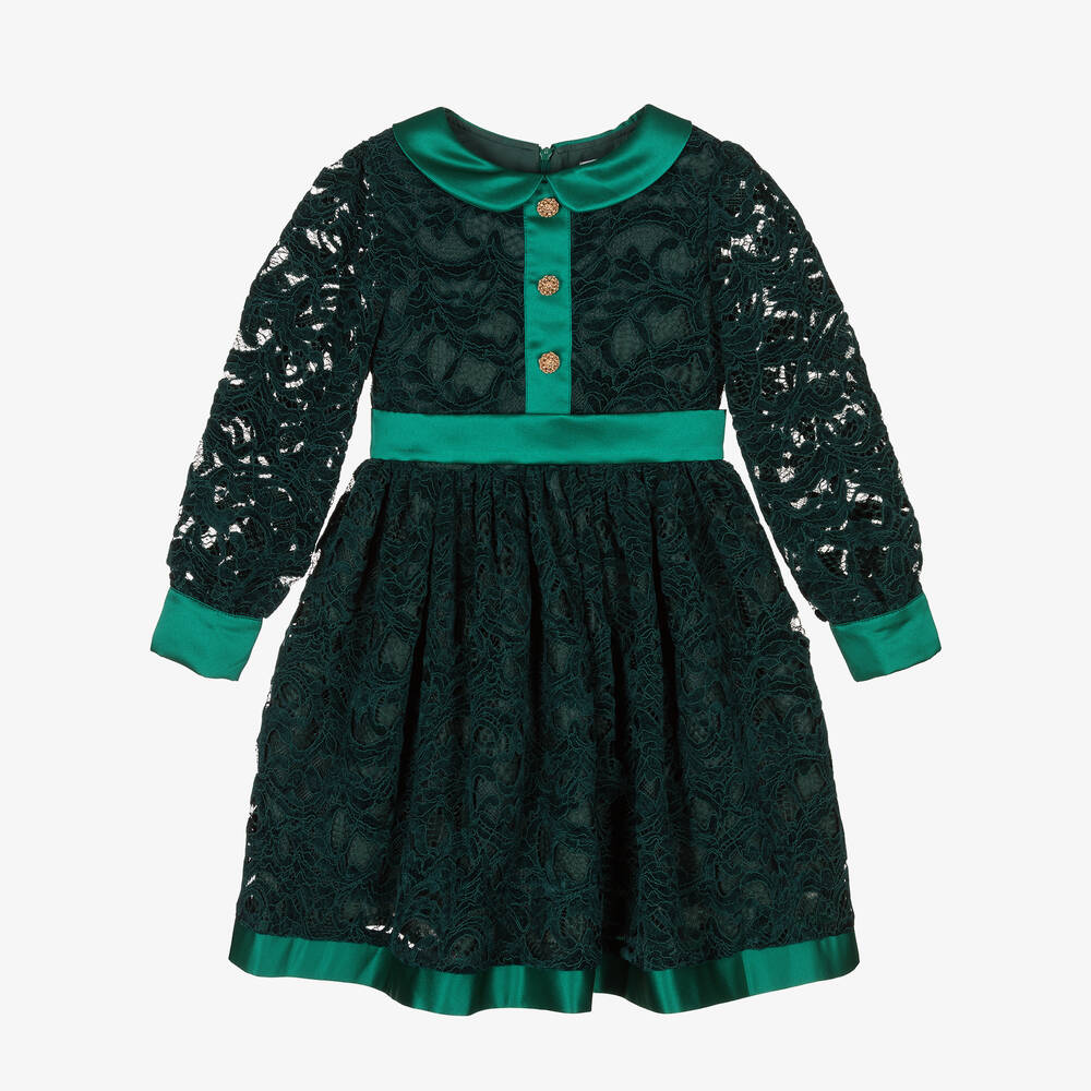 Patachou - Girls Green Velvet Lace Dress | Childrensalon