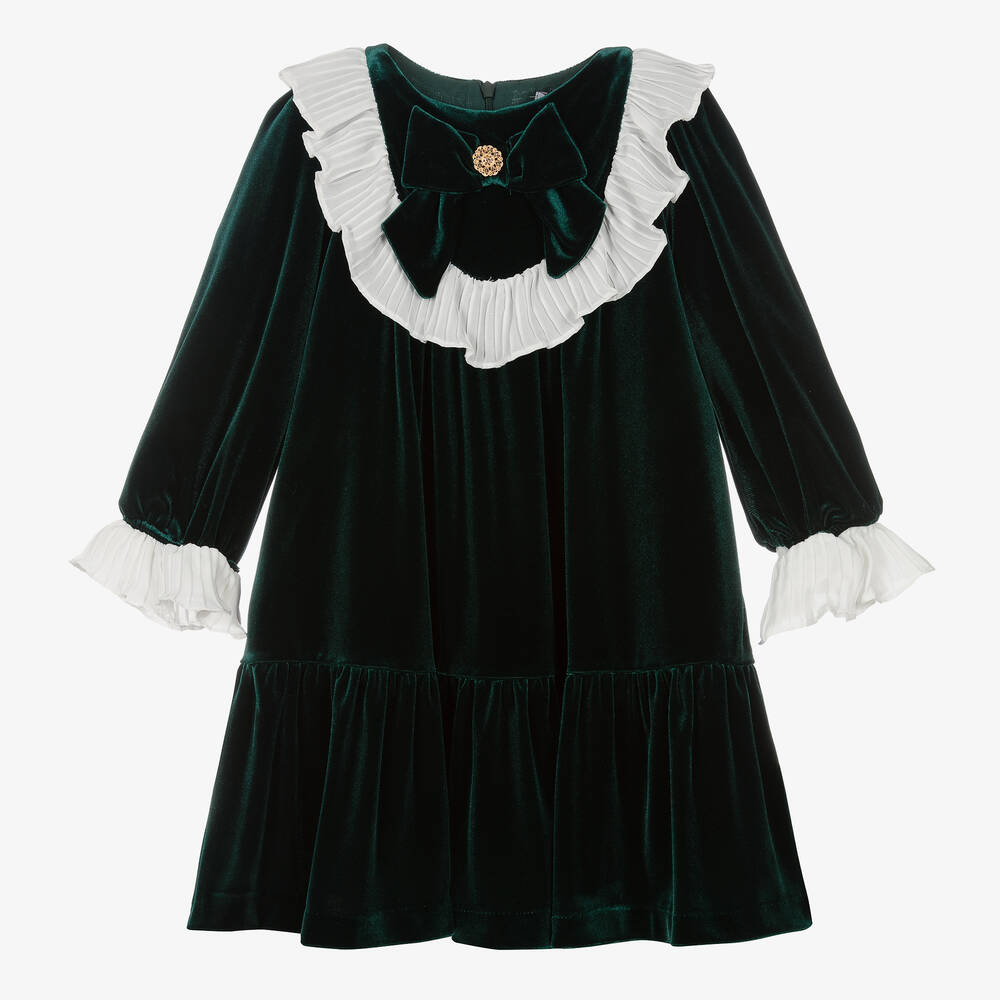 Patachou - Girls Green Velvet Ruffle Dress | Childrensalon