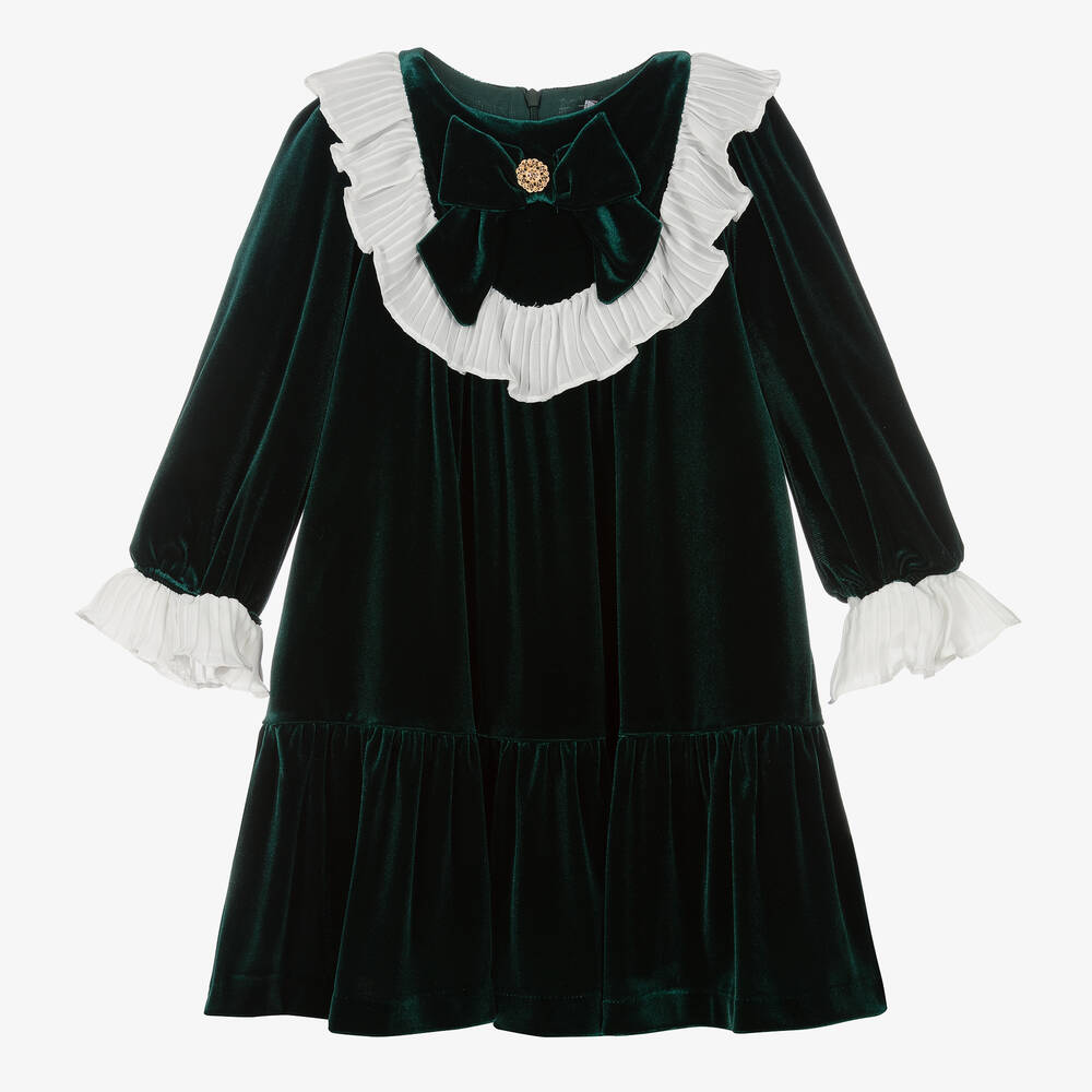 Patachou-فستان مخمل مزين بكشكش لون أخضر | Childrensalon Outlet