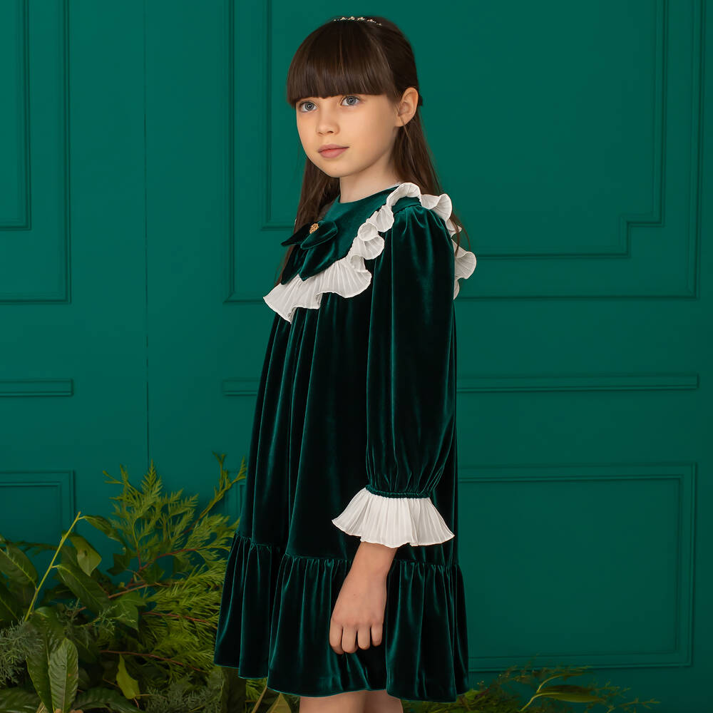 Patachou-Girls Green Velvet Ruffle Dress | Childrensalon Outlet