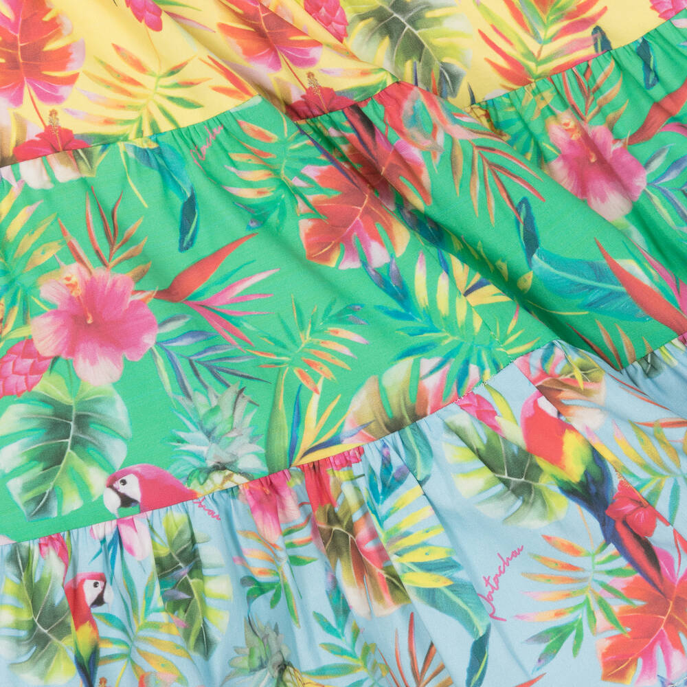 Patachou-فستان قطن بوبلين لون أخضر وأصفر بطبعة ورود | Childrensalon Outlet