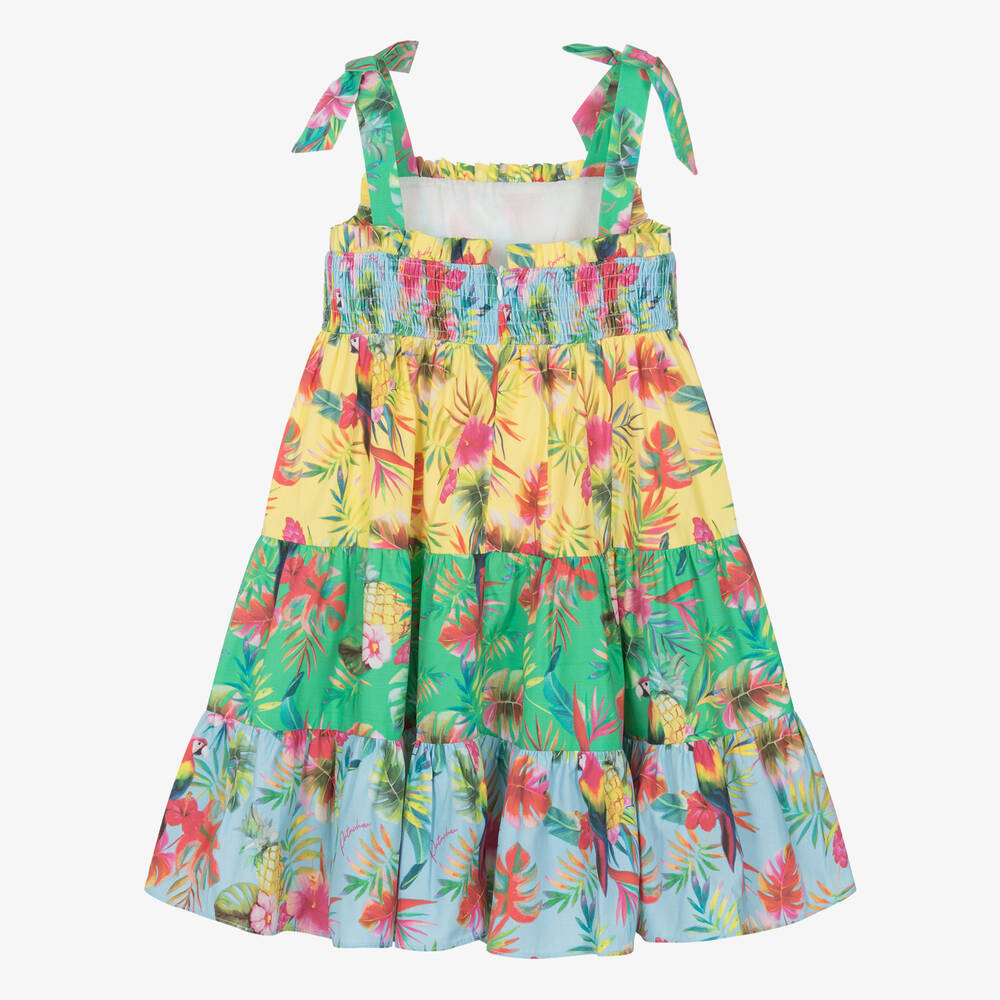 Patachou-فستان قطن بوبلين لون أخضر وأصفر بطبعة ورود | Childrensalon Outlet