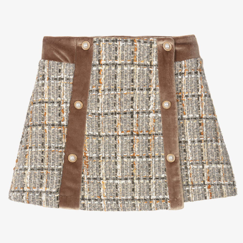 Patachou - Girls Grey & Beige Tweed Skirt | Childrensalon