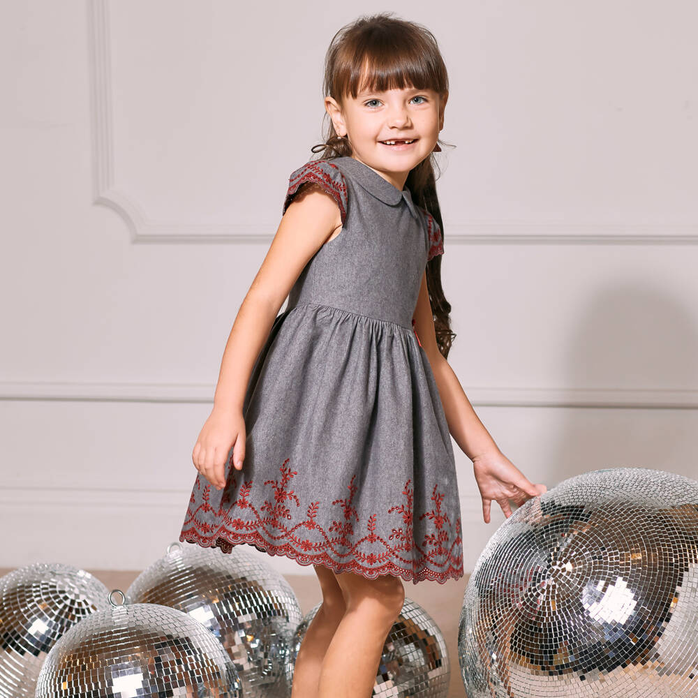 Patachou-Girls Grey Floral Broderie Dress | Childrensalon Outlet