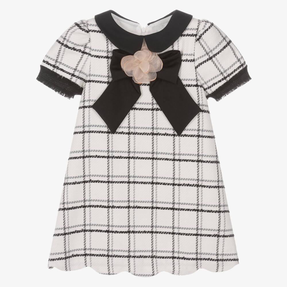 Patachou-Girls Ivory & Black Check Tweed Dress with Bow | Childrensalon Outlet