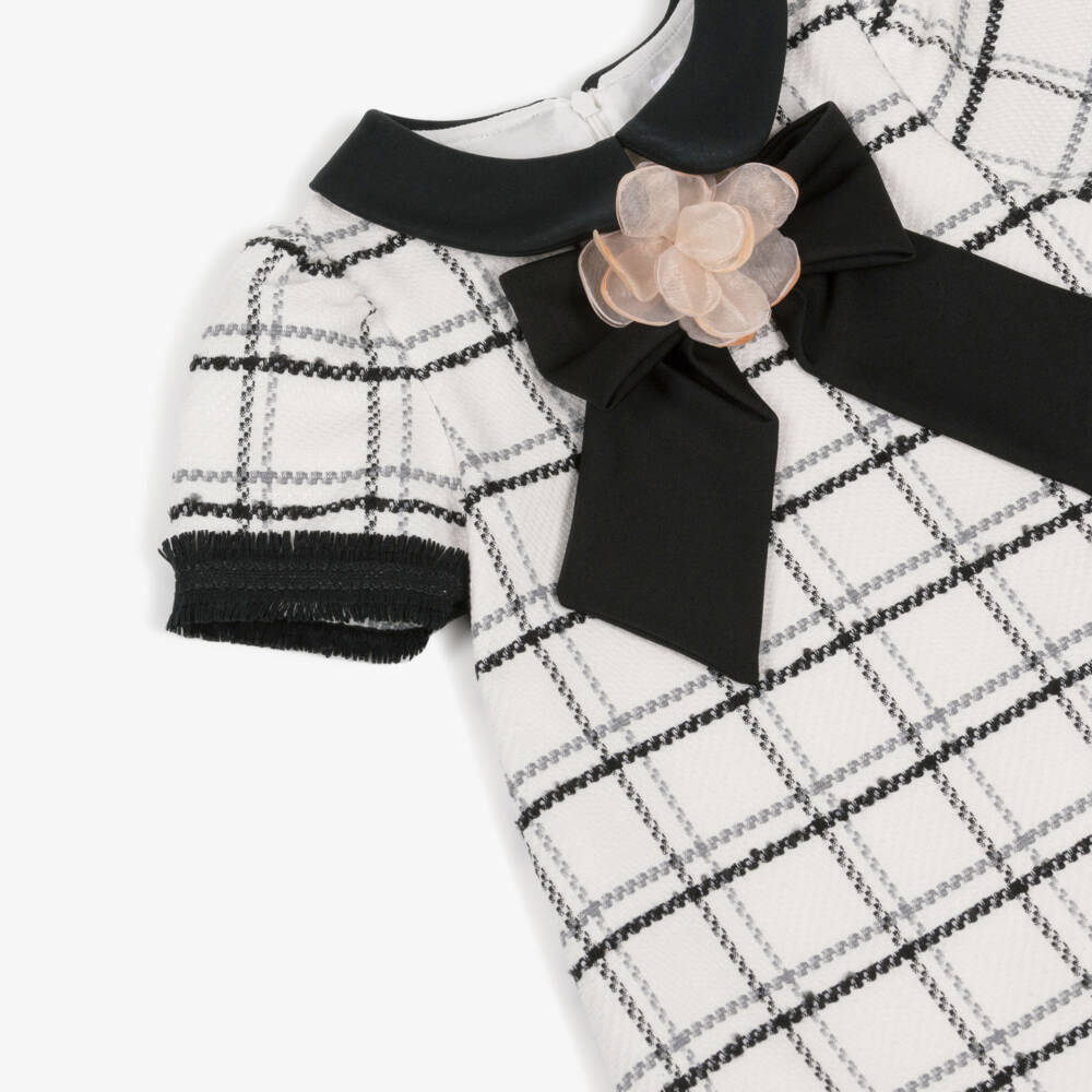 Patachou-Girls Ivory & Black Check Tweed Dress with Bow | Childrensalon Outlet
