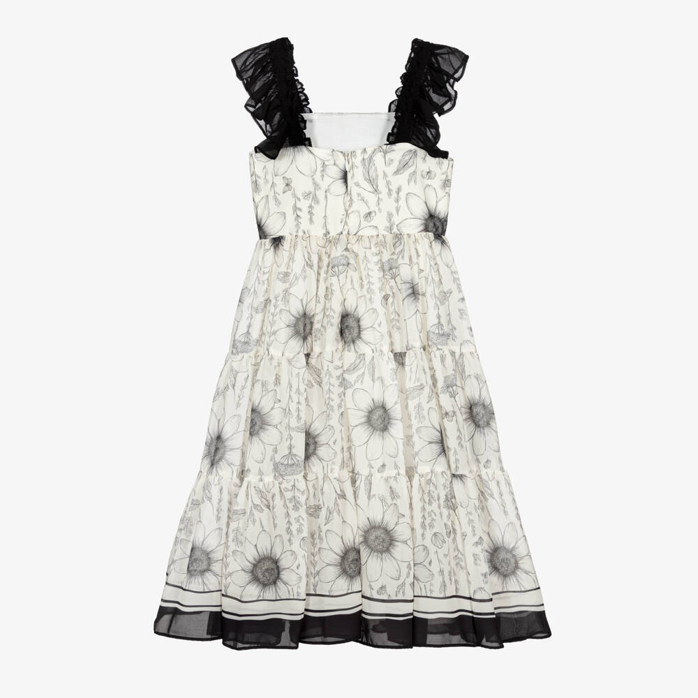 Patachou-Girls Ivory & Black Floral Chiffon Dress | Childrensalon Outlet