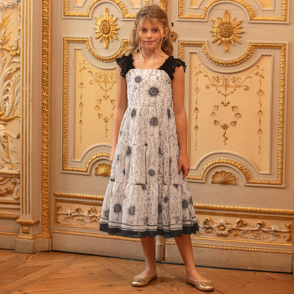 Patachou-Girls Ivory & Black Floral Chiffon Dress | Childrensalon Outlet
