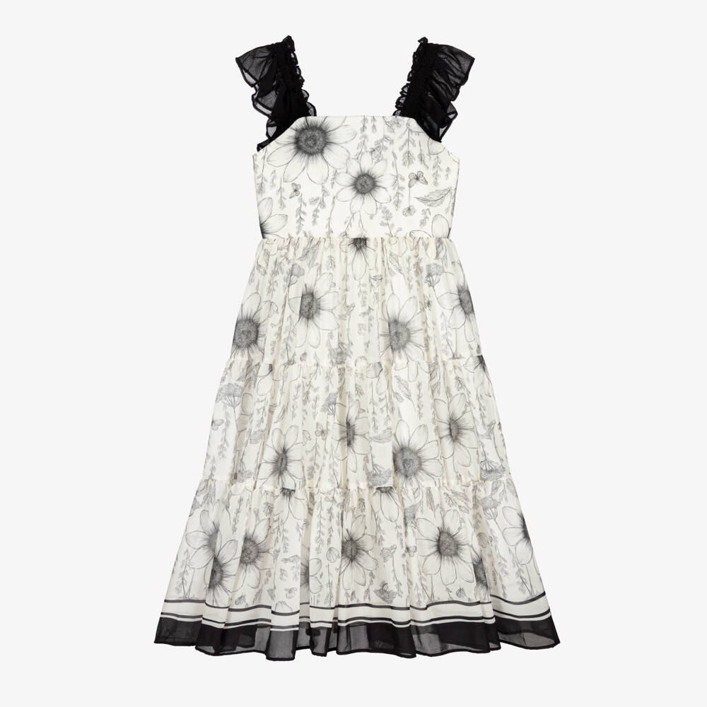 Patachou-Girls Ivory & Black Floral Chiffon Dress | Childrensalon Outlet