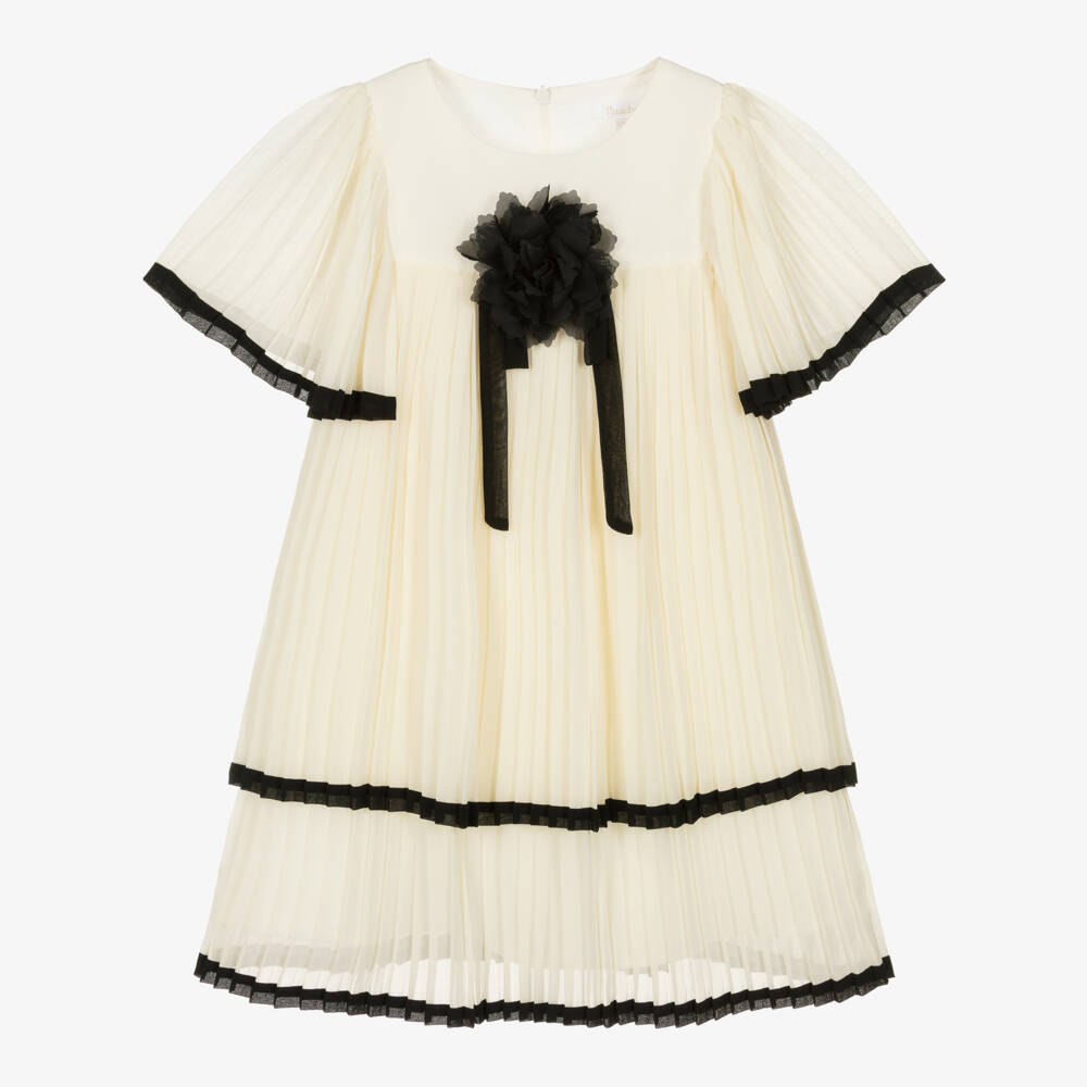 Patachou-Girls Ivory & Black Pleated Chiffon Dress | Childrensalon Outlet