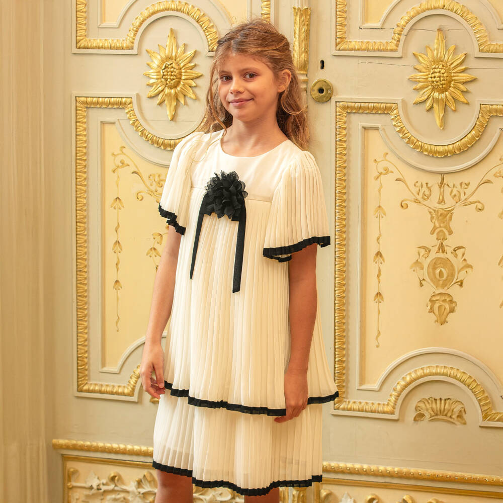 Patachou-Girls Ivory & Black Pleated Chiffon Dress | Childrensalon Outlet