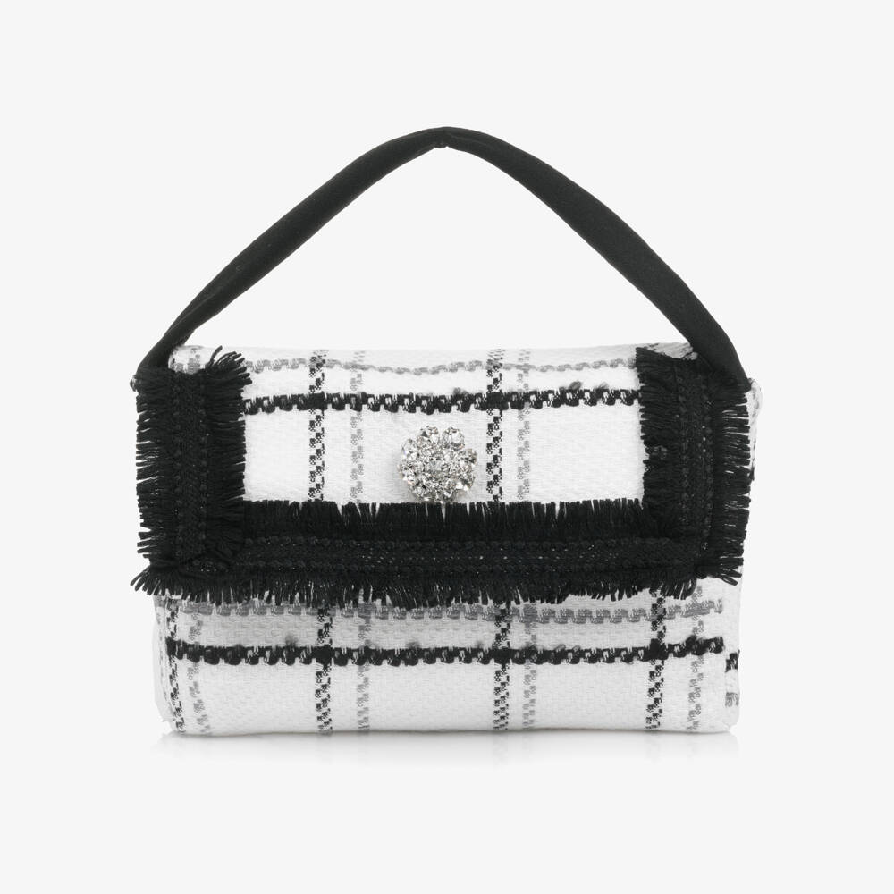 Patachou-Girls Ivory & Black Tweed Handbag with Fringing (16cm) | Childrensalon Outlet