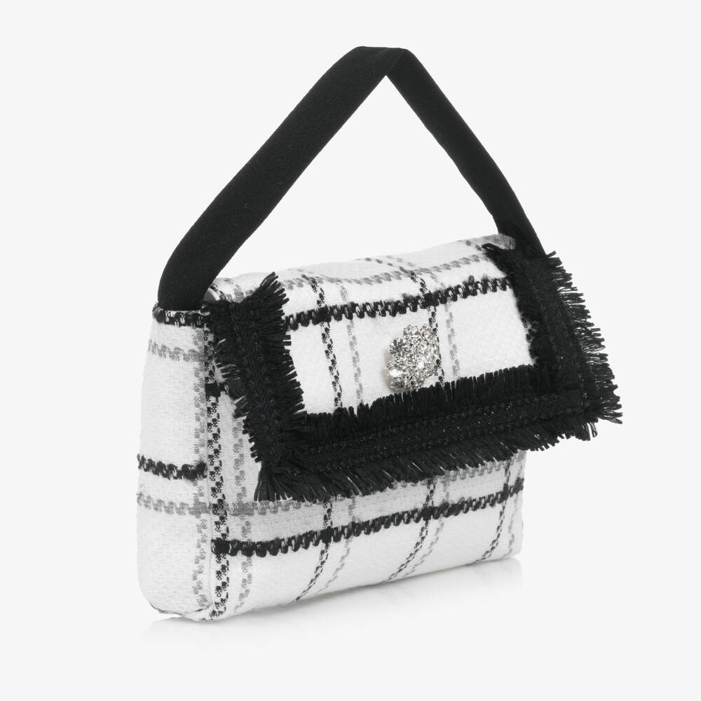 Patachou-Girls Ivory & Black Tweed Handbag with Fringing (16cm) | Childrensalon Outlet