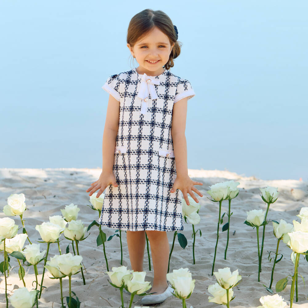 Patachou-Girls Ivory & Blue Check Tweed Dress | Childrensalon Outlet