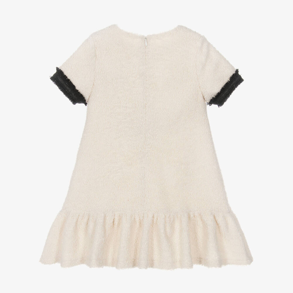 Patachou-Girls Ivory Bouclé Dress with Fringed Black Trims | Childrensalon Outlet