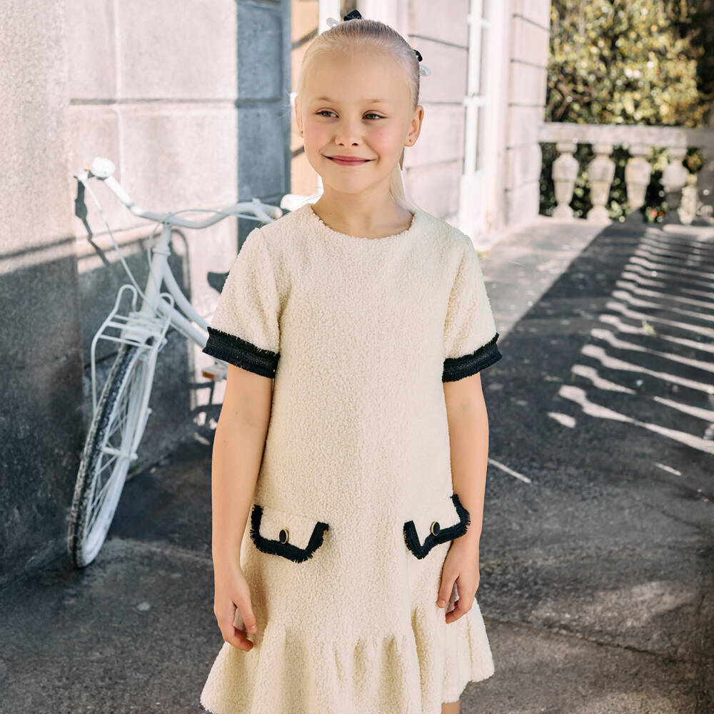 Patachou-Girls Ivory Bouclé Dress with Fringed Black Trims | Childrensalon Outlet