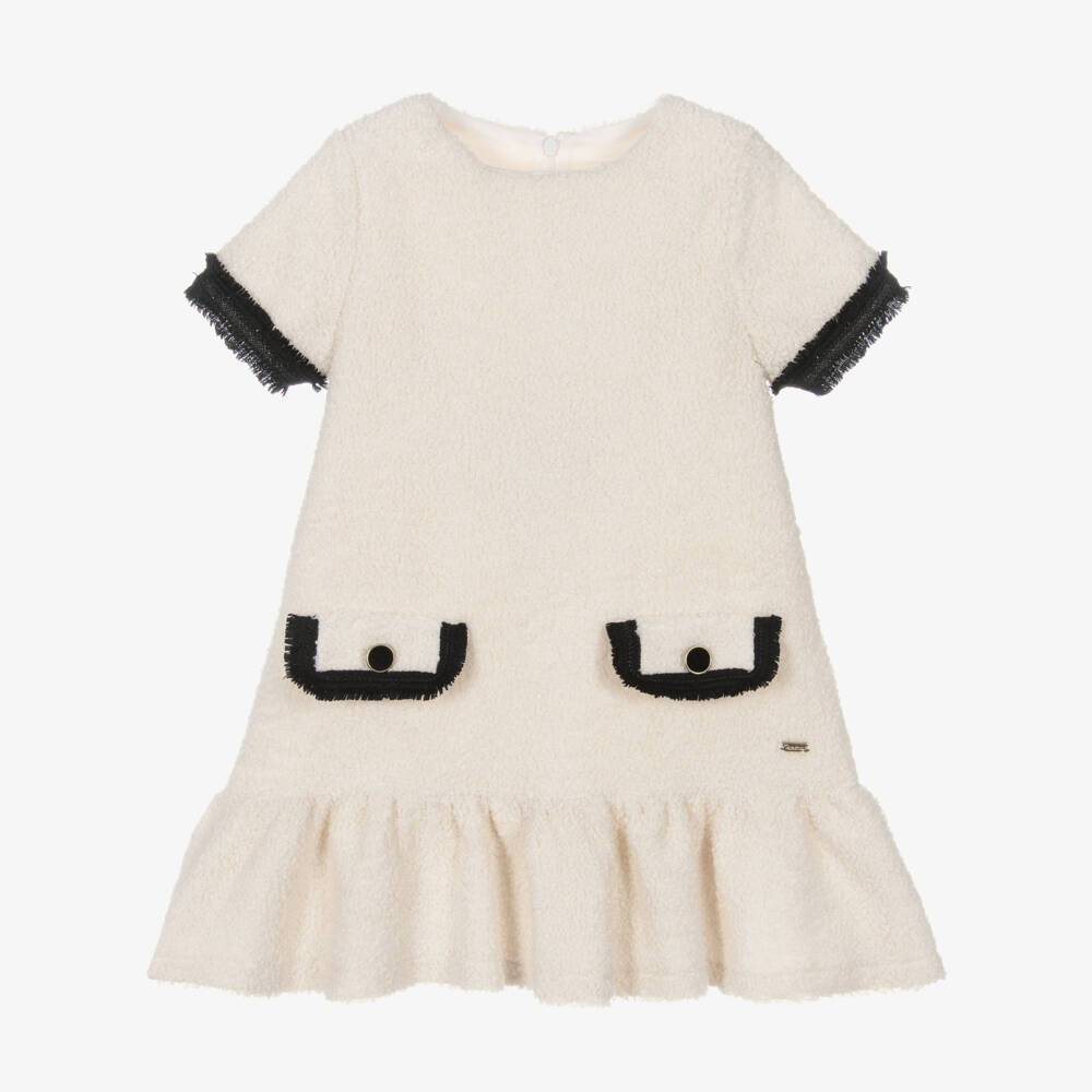 Patachou-Girls Ivory Bouclé Dress with Fringed Black Trims | Childrensalon Outlet