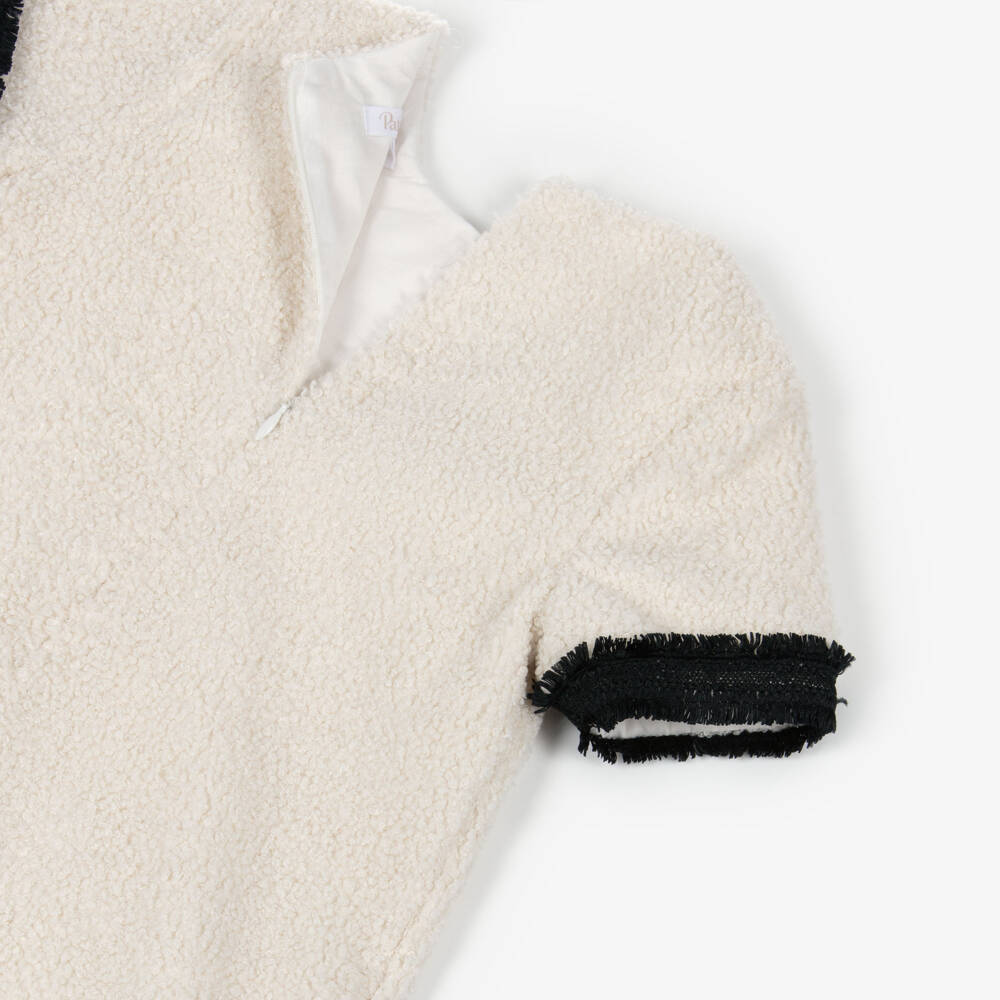 Patachou-Girls Ivory Bouclé Dress with Fringed Black Trims | Childrensalon Outlet
