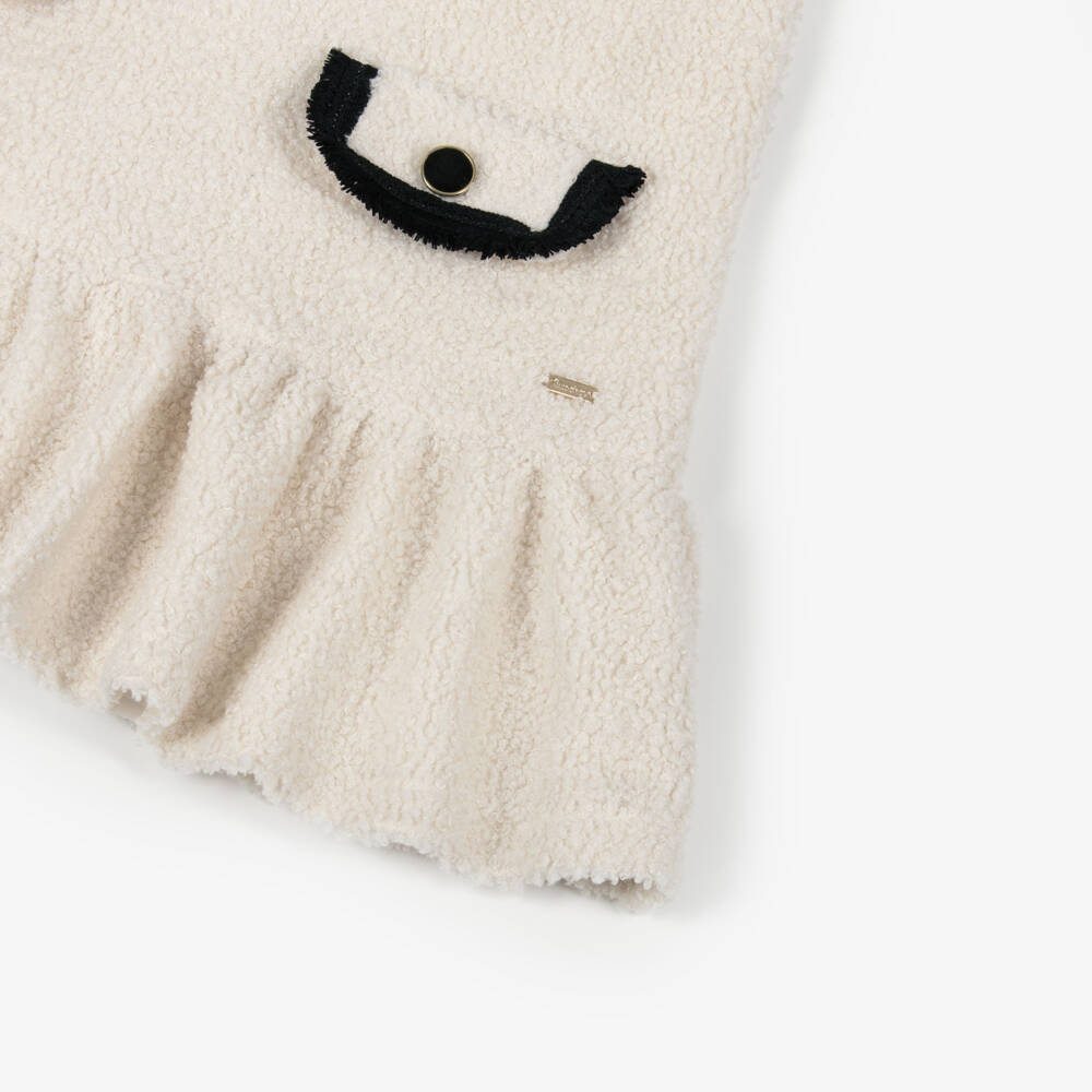 Patachou-Girls Ivory Bouclé Dress with Fringed Black Trims | Childrensalon Outlet