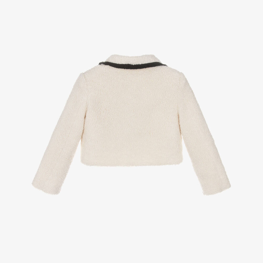 Patachou-Girls Ivory Bouclé Jacket with Fringed Black Trims | Childrensalon Outlet