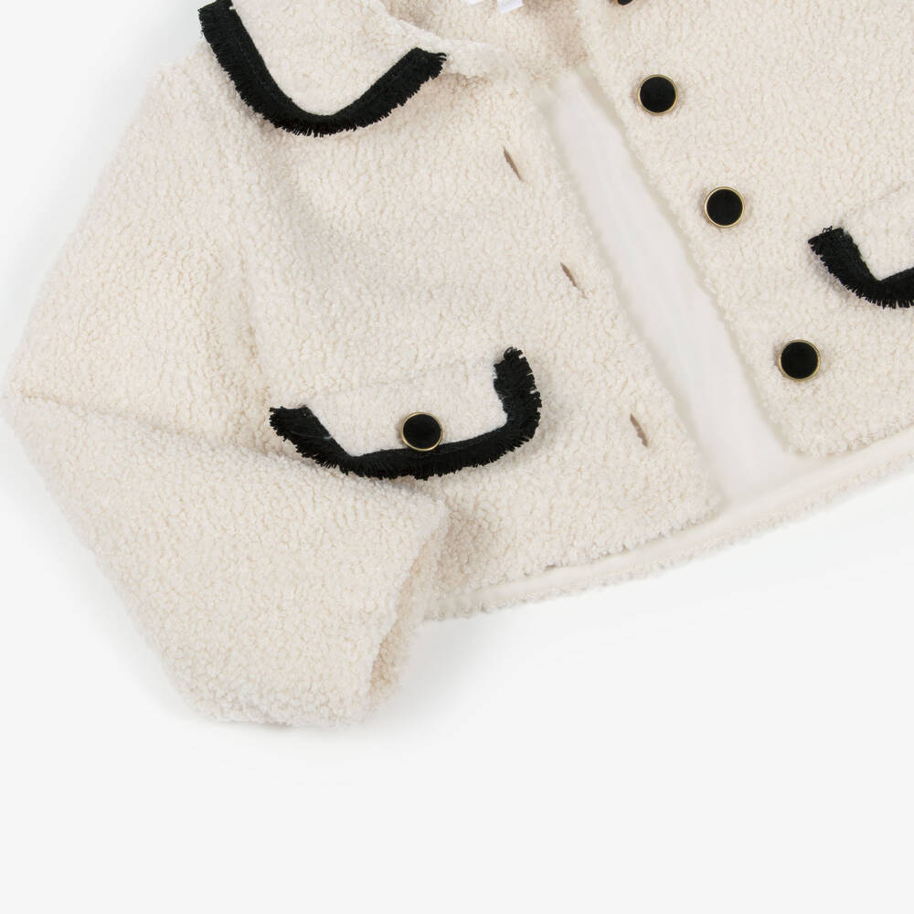 Patachou-Girls Ivory Bouclé Jacket with Fringed Black Trims | Childrensalon Outlet
