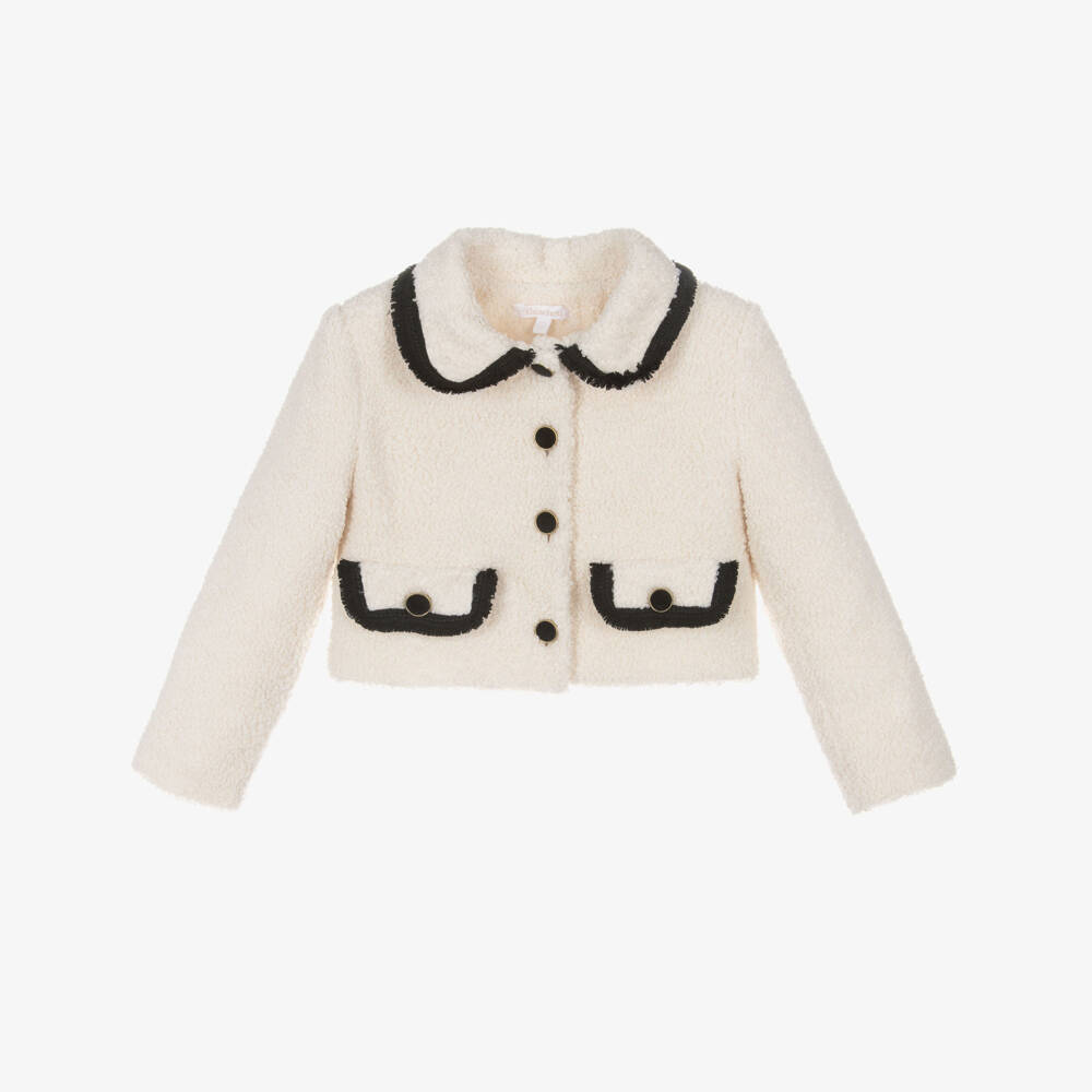 Patachou-Girls Ivory BouclÃ© Jacket with Fringed Black Trims | Childrensalon Outlet