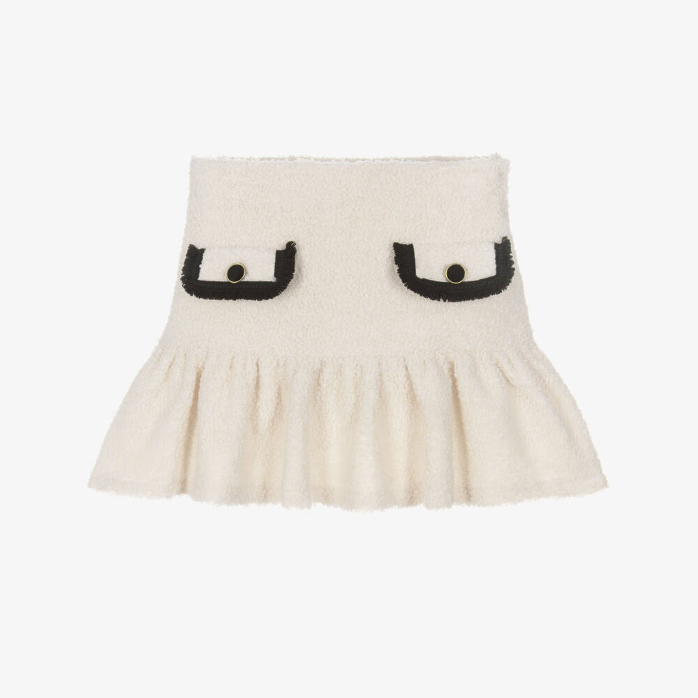Patachou-Girls Ivory BouclÃ© Skirt with Fringed Black Trims | Childrensalon Outlet