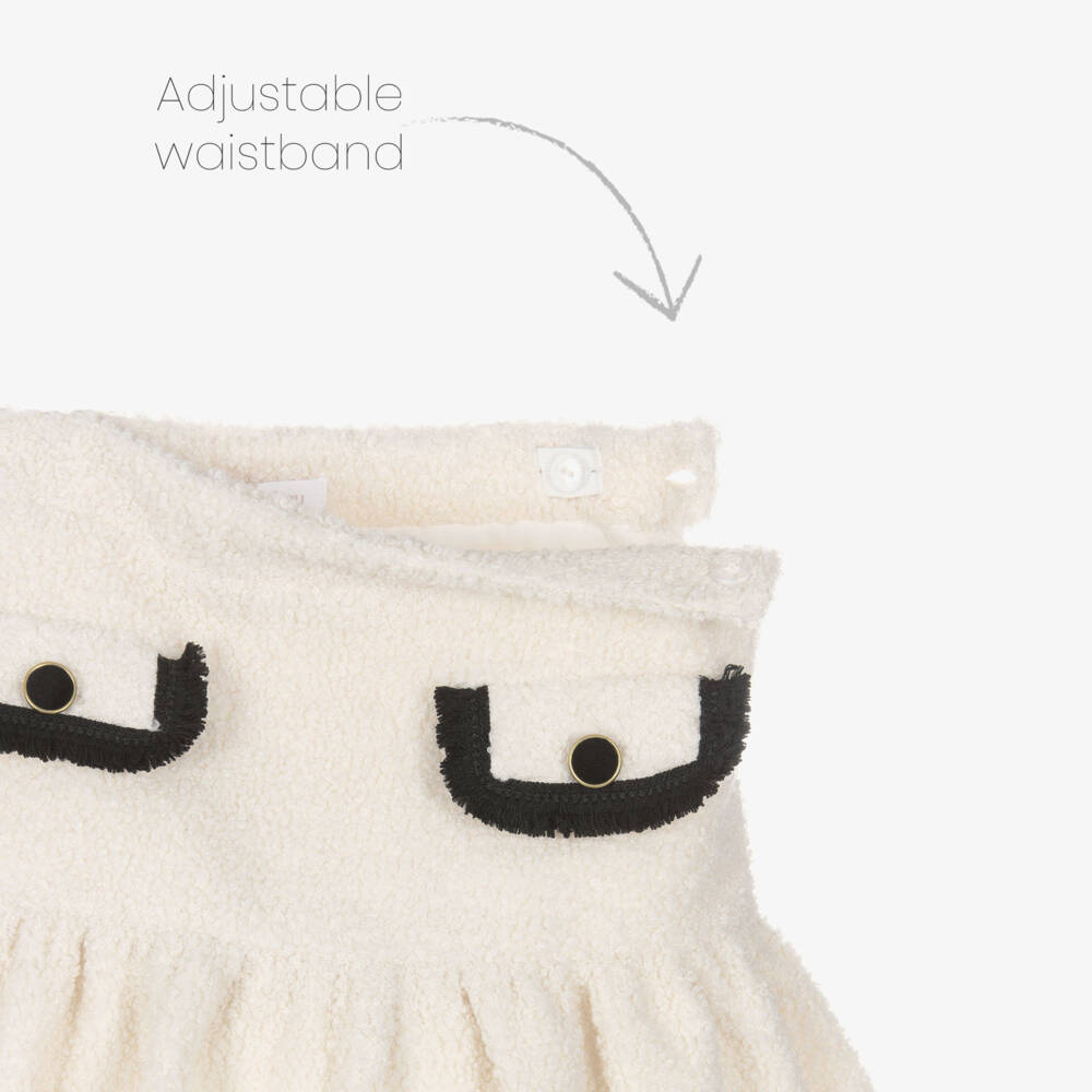Patachou-Girls Ivory Bouclé Skirt with Fringed Black Trims | Childrensalon Outlet