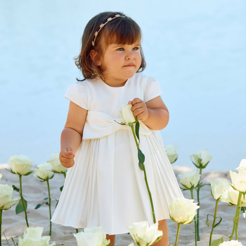 Patachou-Girls Ivory Bow Pleated Crêpe Dress | Childrensalon Outlet