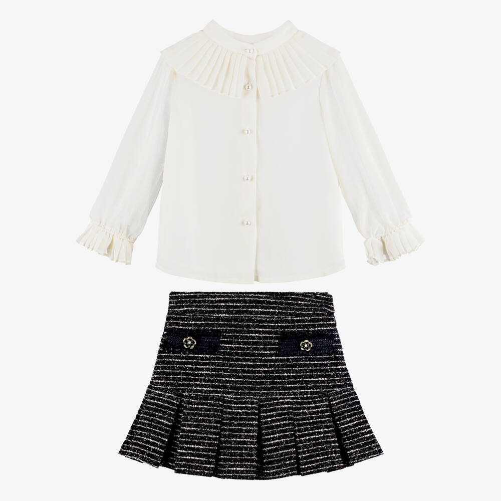 Patachou-Girls Ivory Chiffon Blouse & Black Tweed Skirt Set | Childrensalon Outlet