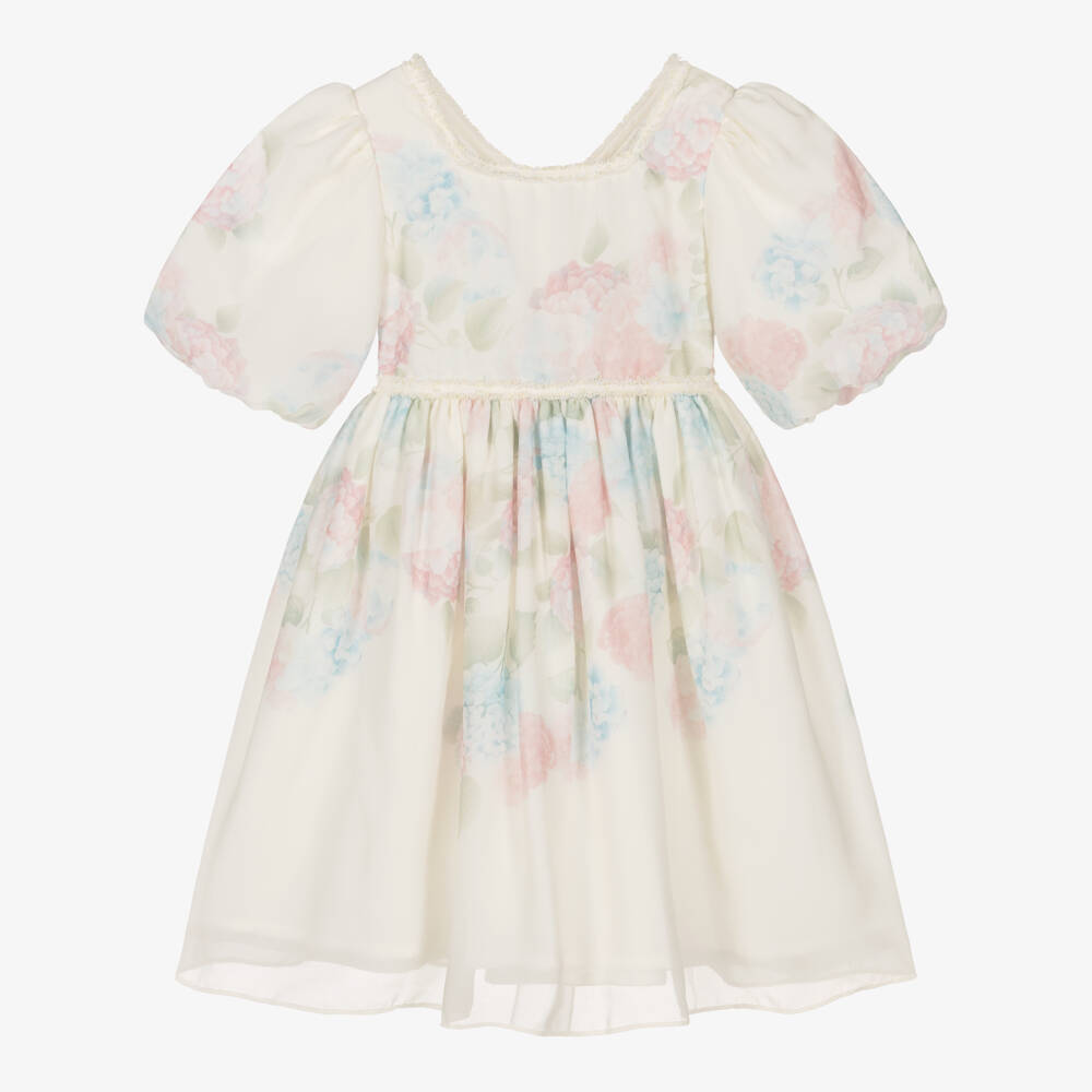 Patachou-Girls Ivory Chiffon Dress with Pastel Floral Print | Childrensalon Outlet