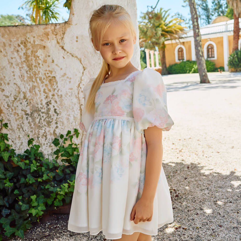 Patachou-Girls Ivory Chiffon Dress with Pastel Floral Print | Childrensalon Outlet