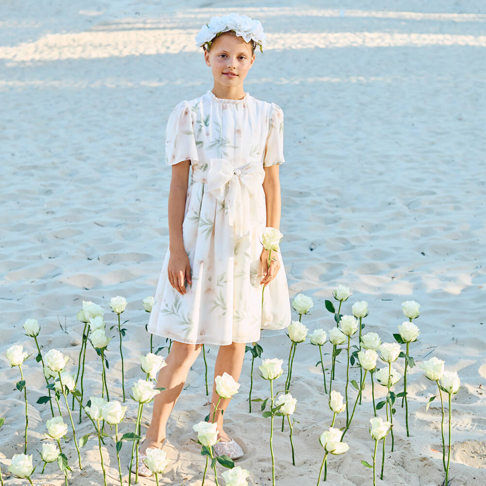 Patachou-Girls Ivory Chiffon Floral Dress with Bow | Childrensalon Outlet