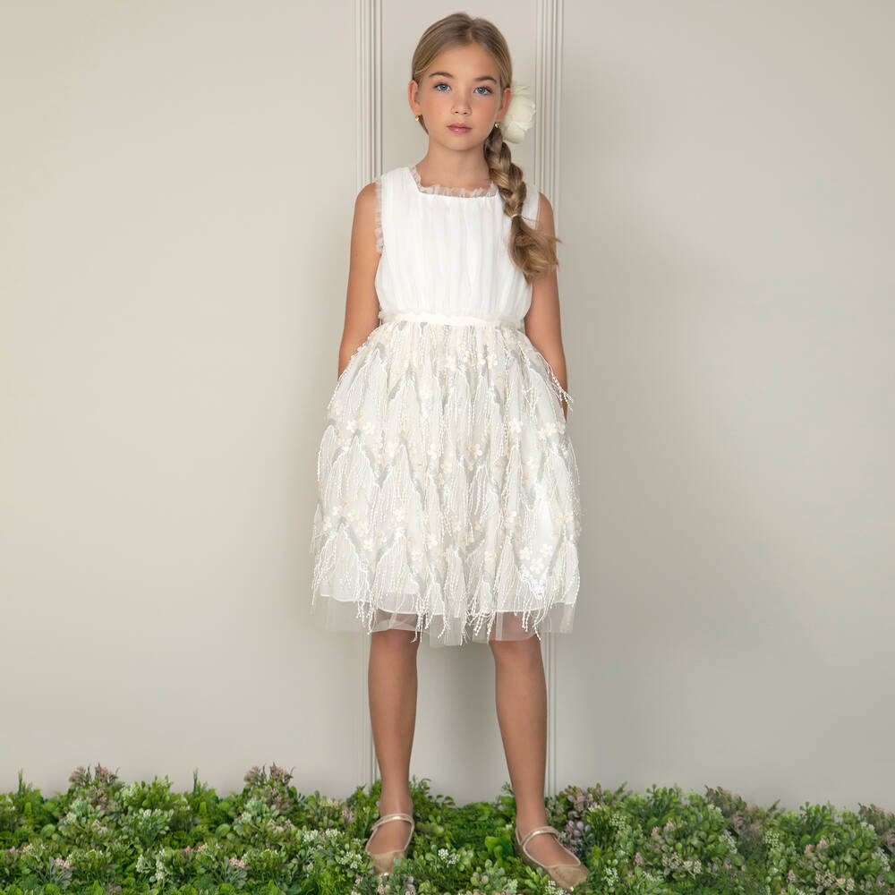Patachou-Girls Ivory Chiffon & Sequinned Tulle Dress | Childrensalon Outlet