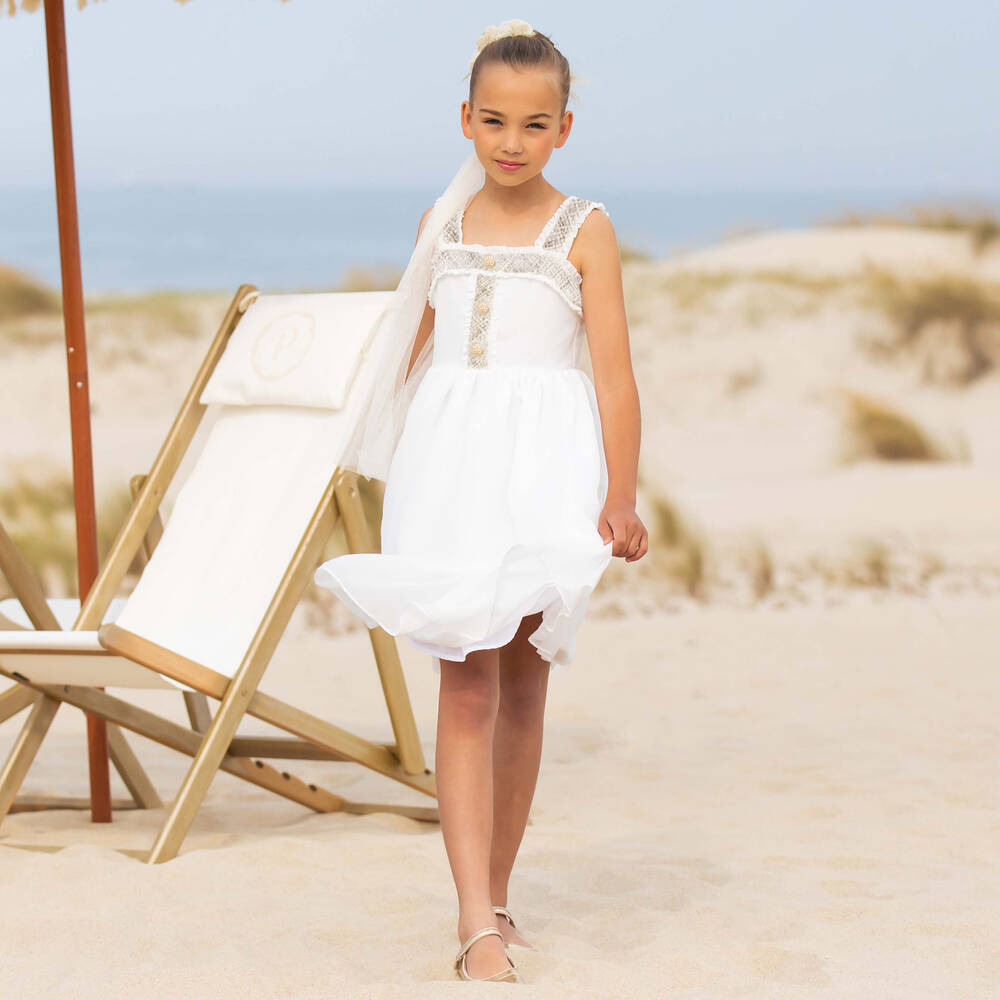 Patachou-Girls Ivory Chiffon & Tweed Dress | Childrensalon Outlet
