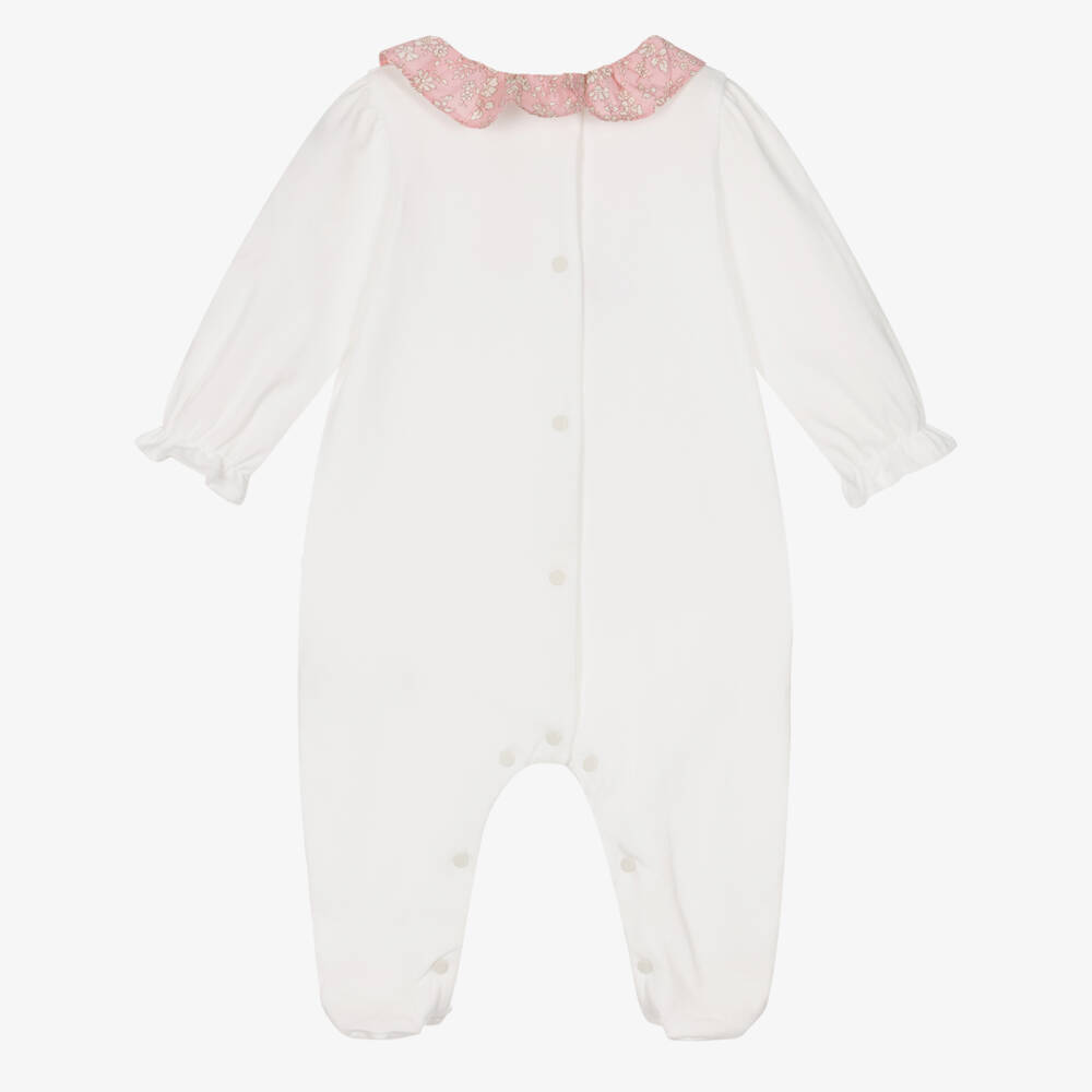 Patachou-Girls Ivory Cotton Babygrow with Pink Liberty Print Collar | Childrensalon Outlet