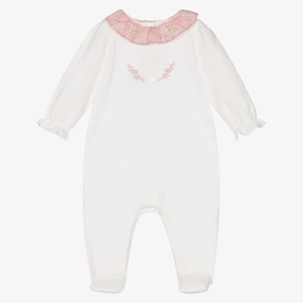 Patachou-Girls Ivory Cotton Babygrow with Pink Liberty Print Collar | Childrensalon Outlet